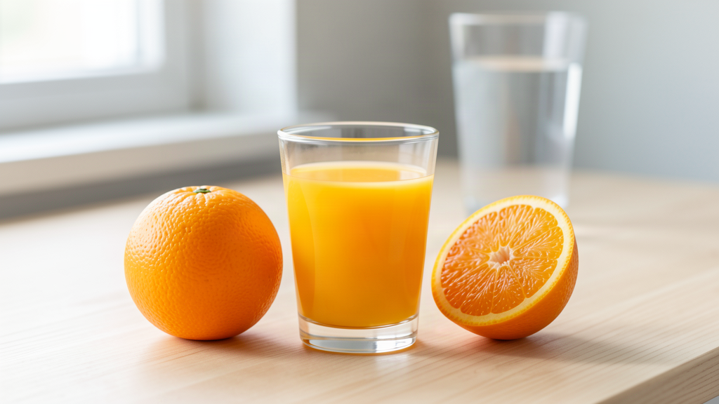 A small 150ml glass of fresh orange juice on a kitchen counter with a whole orange and a halved orange beside it