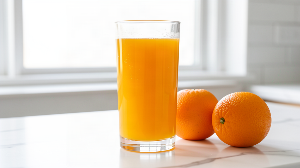 Glass of freshly squeezed orange juice on a marble counter in morning light, with whole oranges beside it