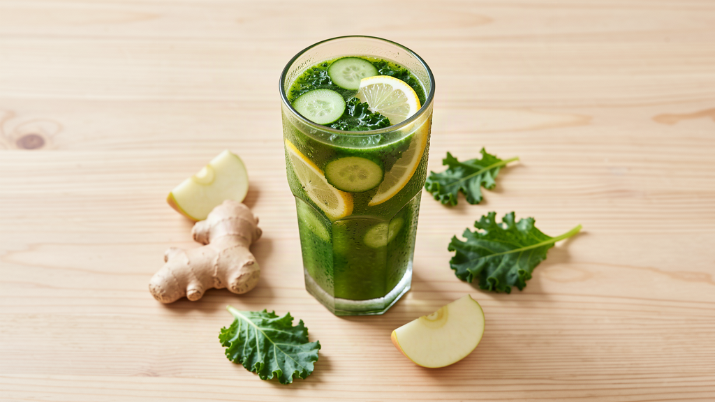 Glass of fresh green vegetable juice with cucumber, lemon, kale, ginger and apple on a wooden table