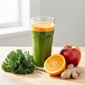 Kale and orange juice in a glass with fresh curly kale, halved oranges, an apple and ginger on a kitchen surface