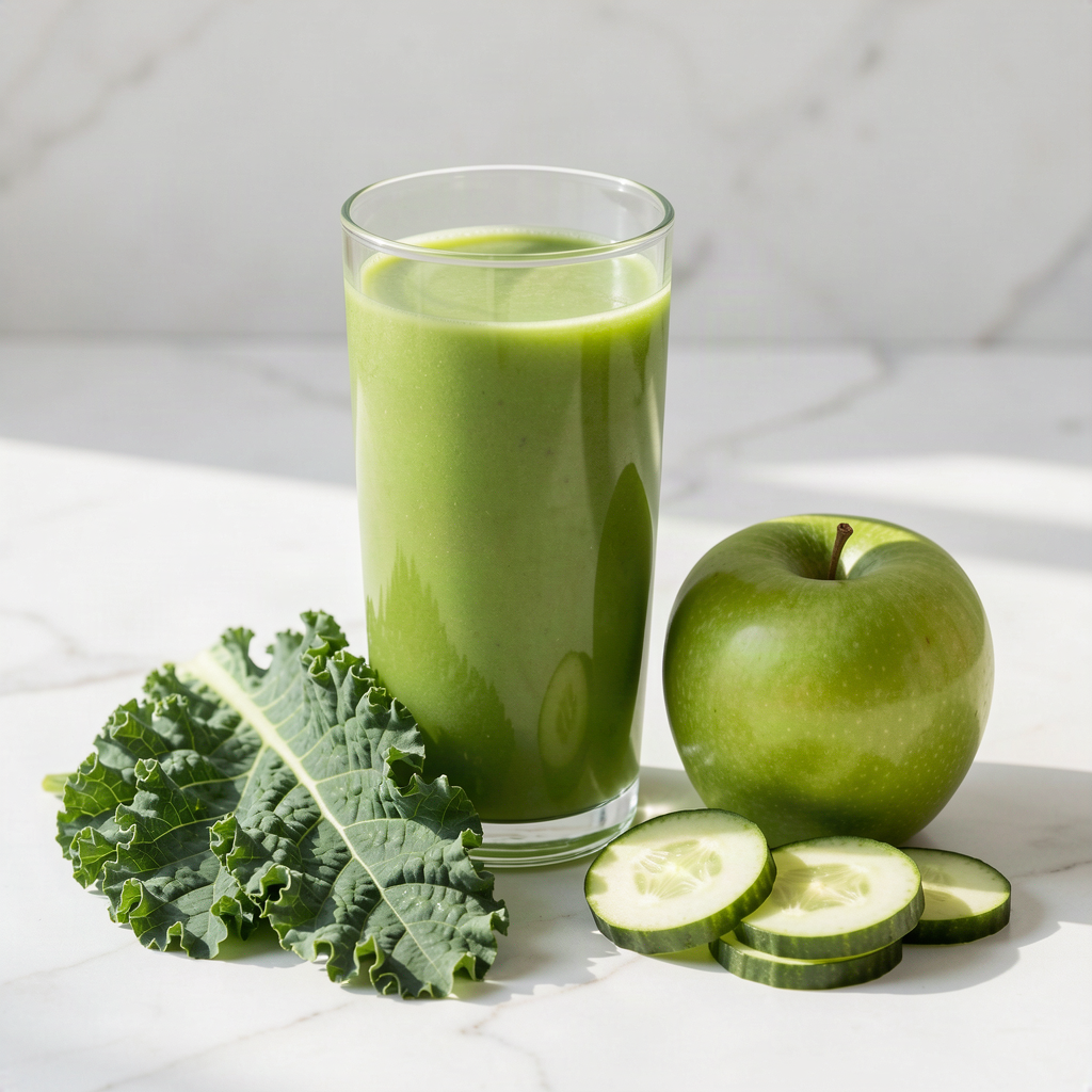 Glass of fresh kale, apple and cucumber juice with kale leaves, a green apple and cucumber slices on a marble board