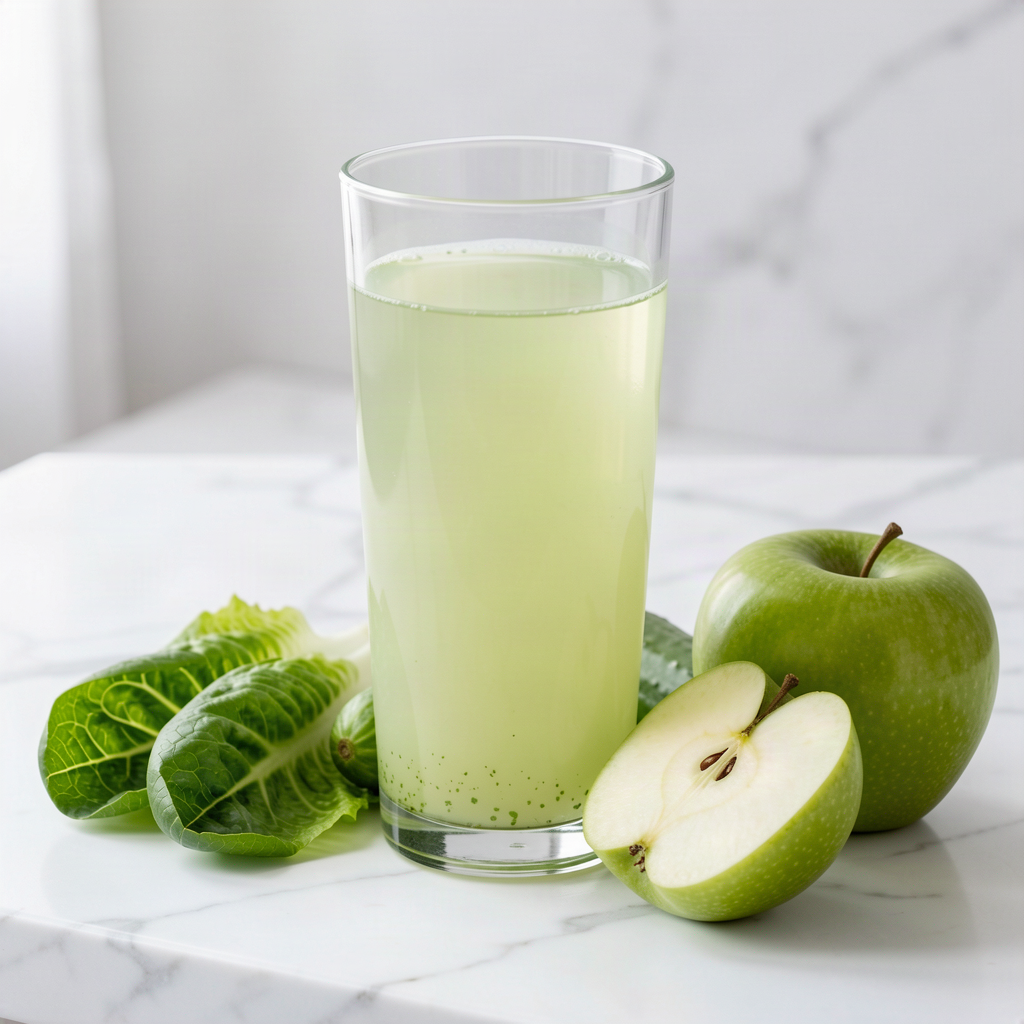 Glass of pale green lettuce, cucumber and apple juice with romaine leaves, a cucumber and green apples on a marble surface