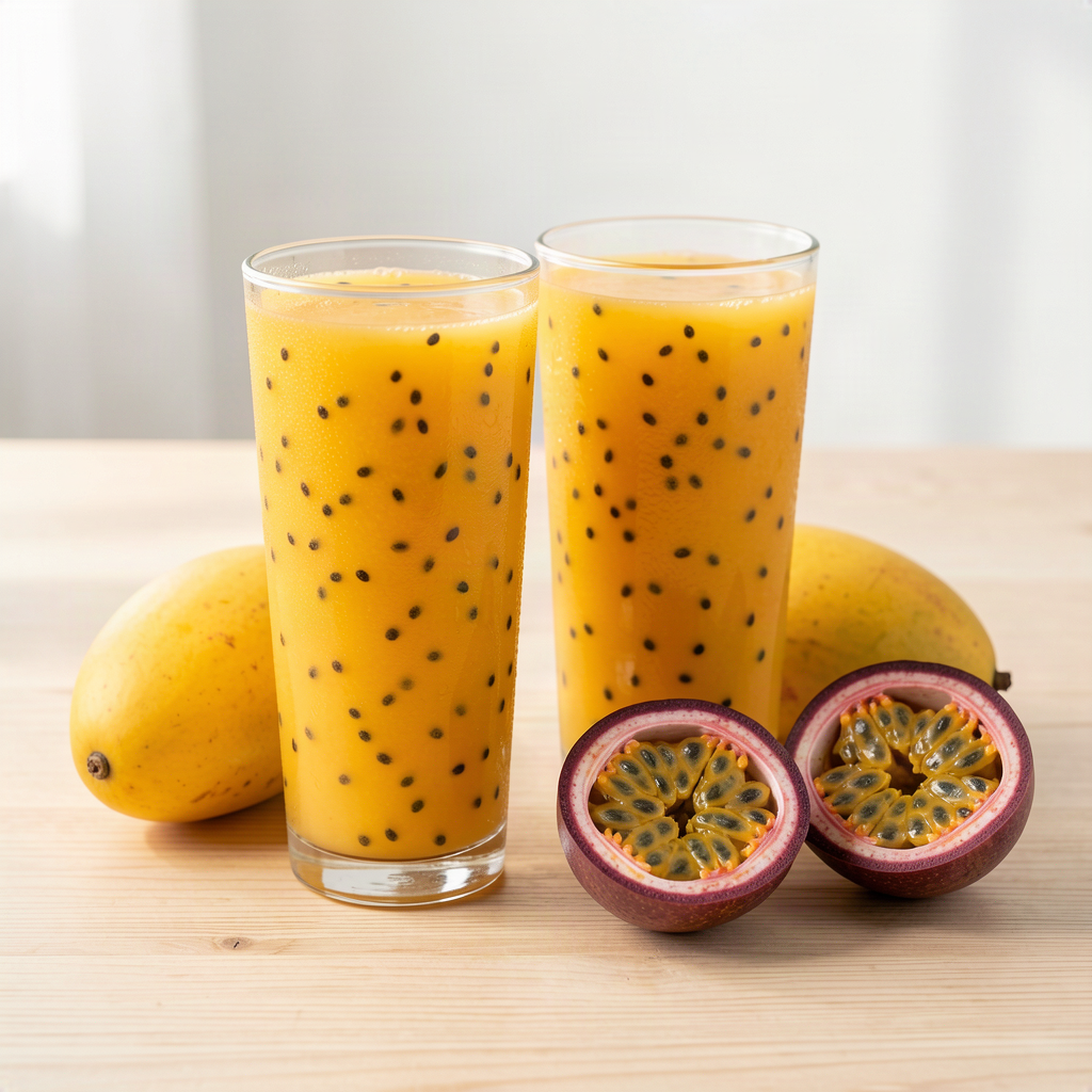 Two glasses of fresh mango passion fruit juice beside ripe mangoes and halved passion fruits