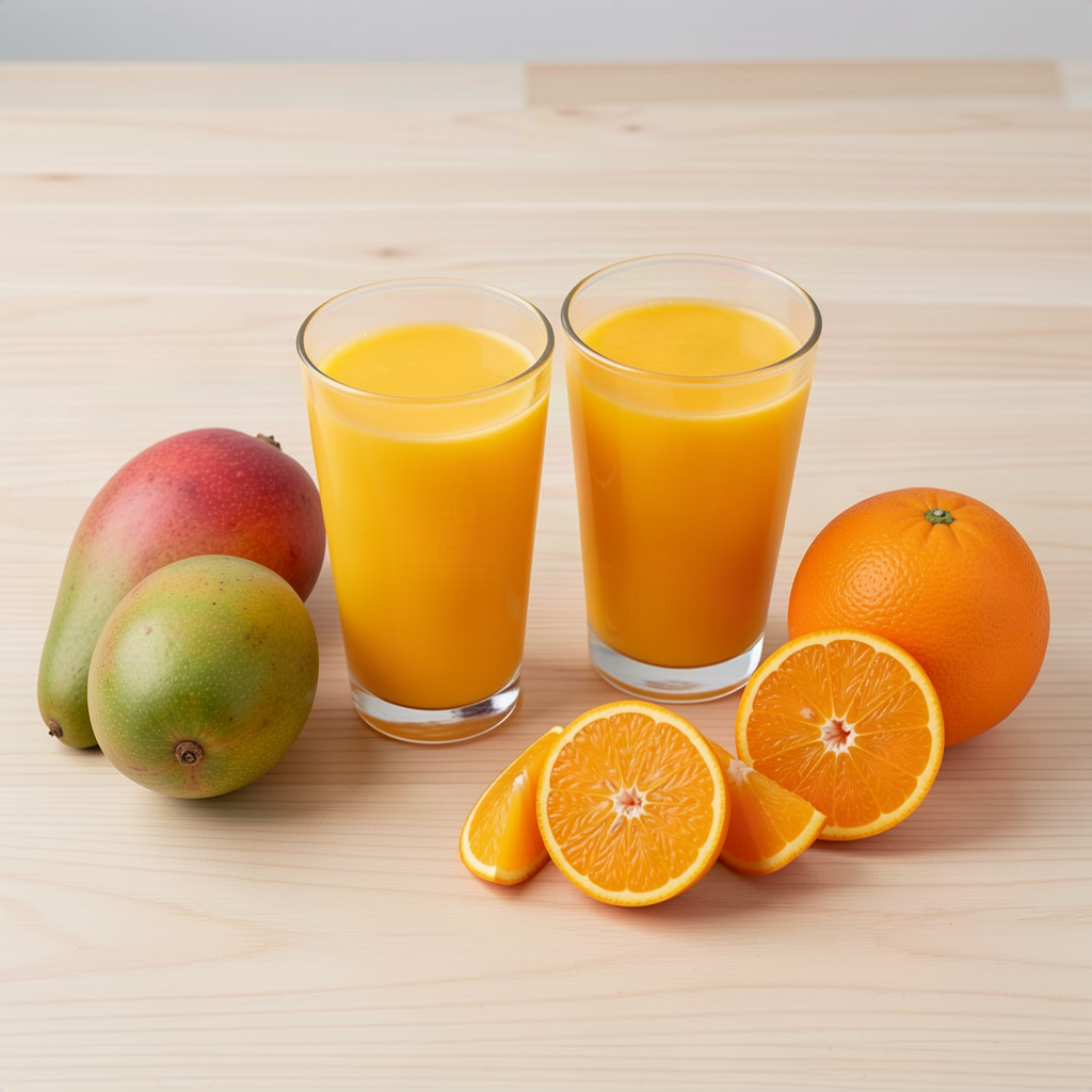 Two glasses of fresh mango orange juice beside fresh mangoes and oranges