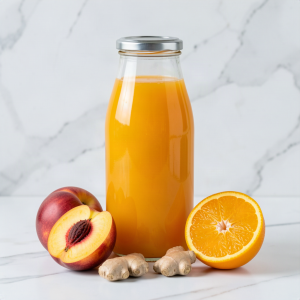 Glass bottle of fresh nectarine and orange juice with whole and halved nectarines, half an orange and fresh ginger root on a white marble surface