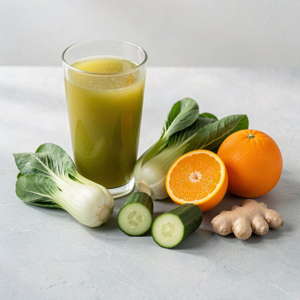 Glass of pak choi and orange juice with fresh pak choi, oranges, cucumber and ginger on a slate surface