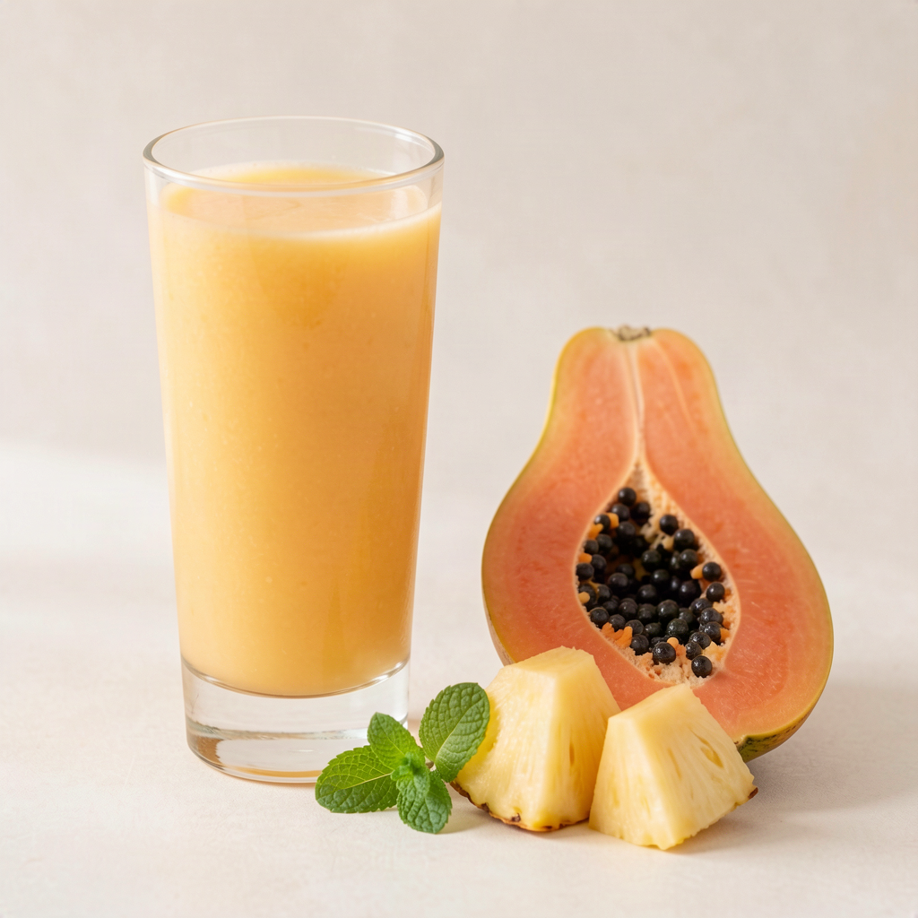 Glass of papaya pineapple juice with fresh papaya, pineapple chunks and a sprig of mint
