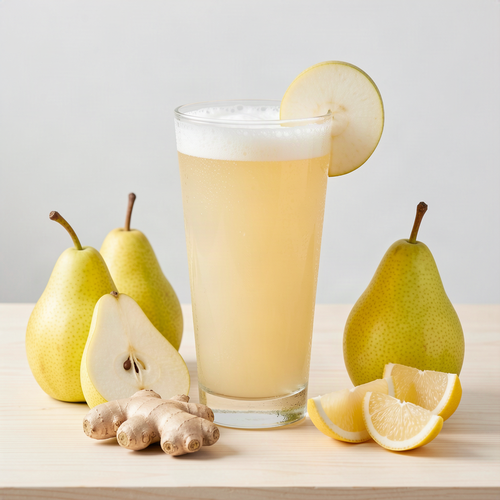 Pear ginger juice in a glass with fresh pears, ginger root and lemon wedges