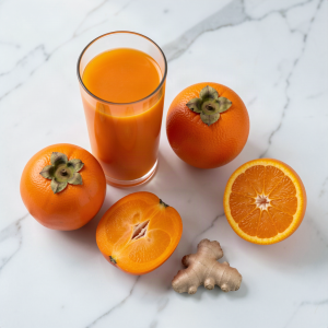 Glass of persimmon and orange juice with two whole Fuyu persimmons, a halved persimmon, a halved orange and a piece of fresh ginger on a white marble surface