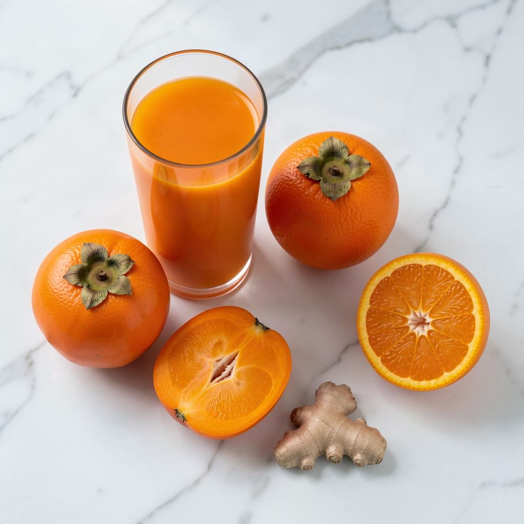 Glass of persimmon and orange juice with two whole Fuyu persimmons, a halved persimmon, a halved orange and a piece of fresh ginger on a white marble surface