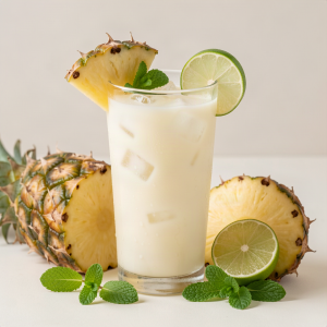 Pineapple coconut lime juice in a tall glass with pineapple wedge, lime slice and mint, next to fresh pineapple halves