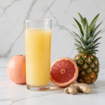 Pineapple grapefruit juice with ginger in a tall glass, beside a pink grapefruit, a whole fresh pineapple and a piece of ginger root