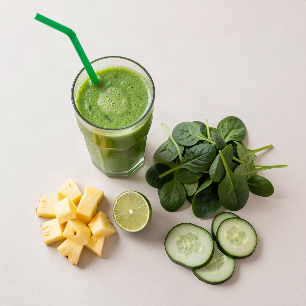 Glass of pineapple spinach juice with fresh pineapple, baby spinach, lime and cucumber