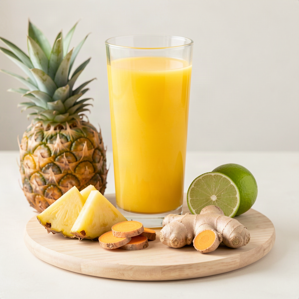 Tall glass of golden pineapple turmeric ginger juice with fresh pineapple wedges, sliced turmeric root, ginger and half a lime on a wooden board