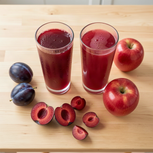 Two glasses of fresh plum and apple juice beside ripe plums and red apples