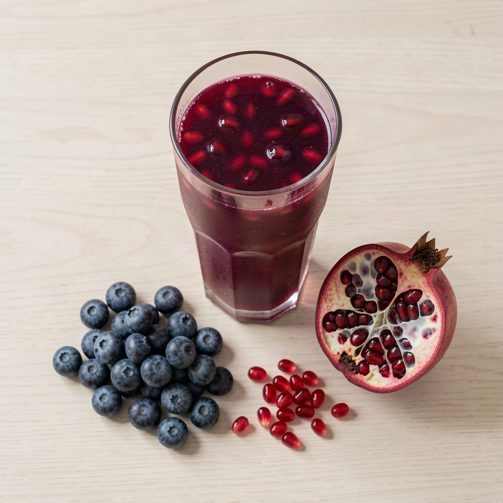 Glass of pomegranate blueberry juice with fresh blueberries and pomegranate arils