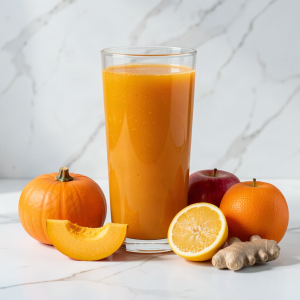 Tall glass of fresh pumpkin, apple and orange juice on a white marble worktop, with a whole pumpkin, a wedge of pumpkin, red apples, oranges and fresh ginger