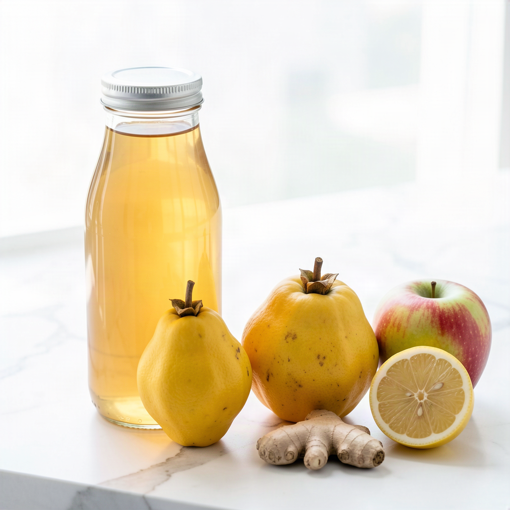 Fresh quince, apple and ginger juice in a sealed glass bottle beside two whole quinces, red and green apples, a knuckle of ginger and half a lemon on a marble surface