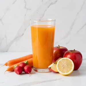 Glass of freshly squeezed radish, carrot and apple juice with red radishes, carrots, apples and half a lemon on a white marble surface