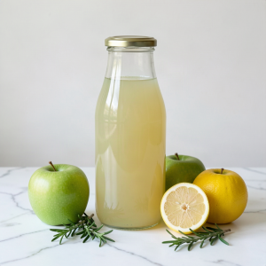 Sealed glass bottle of fresh apple, lemon and rosemary juice on a white marble surface, with two green apples, a lemon and sprigs of fresh rosemary beside it
