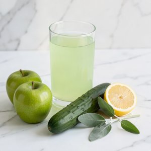 Sage, apple and cucumber juice in a tall glass on a white marble surface with two green apples, a cucumber, half a lemon and a sprig of fresh sage leaves