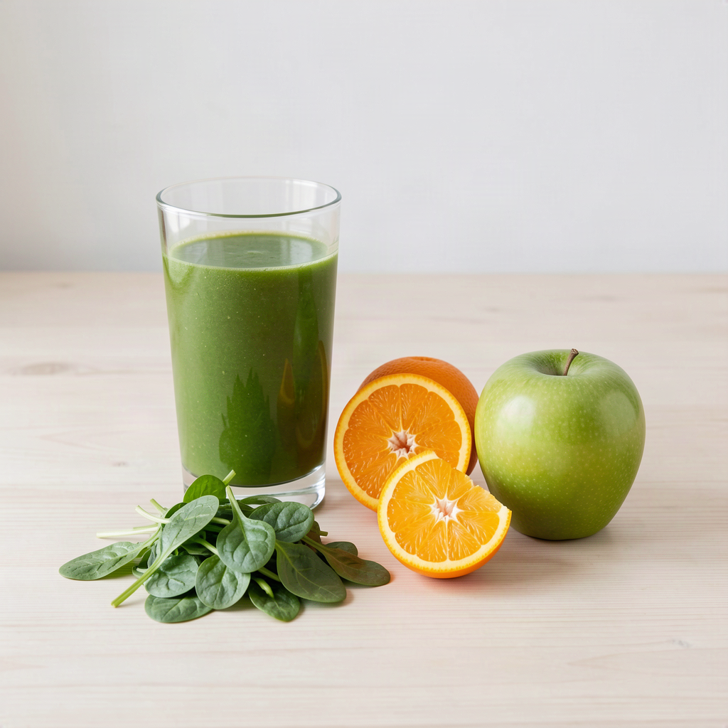 Glass of fresh green spinach, orange and apple juice with baby spinach leaves, halved oranges and a green apple beside it