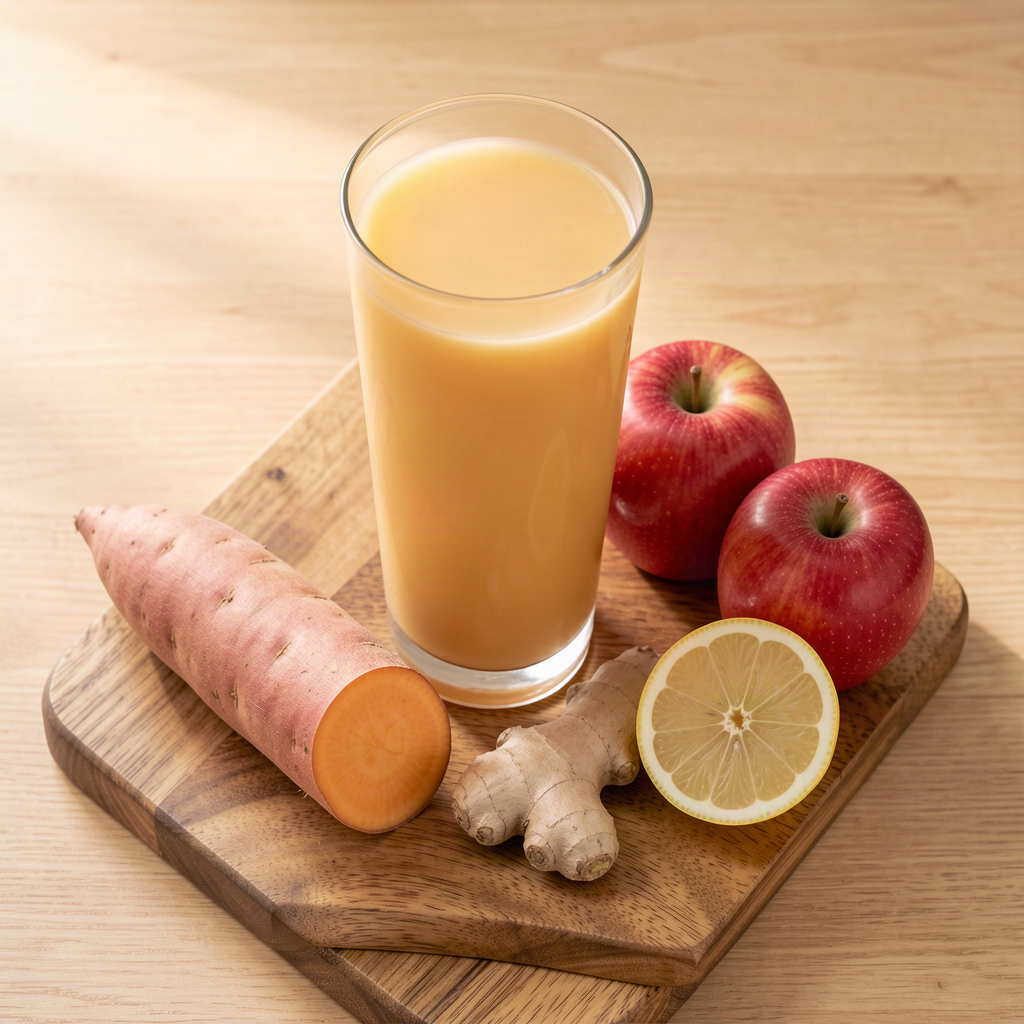 Sweet potato, apple and ginger juice in a tall glass with a halved sweet potato, two red apples, fresh ginger root and half a lemon