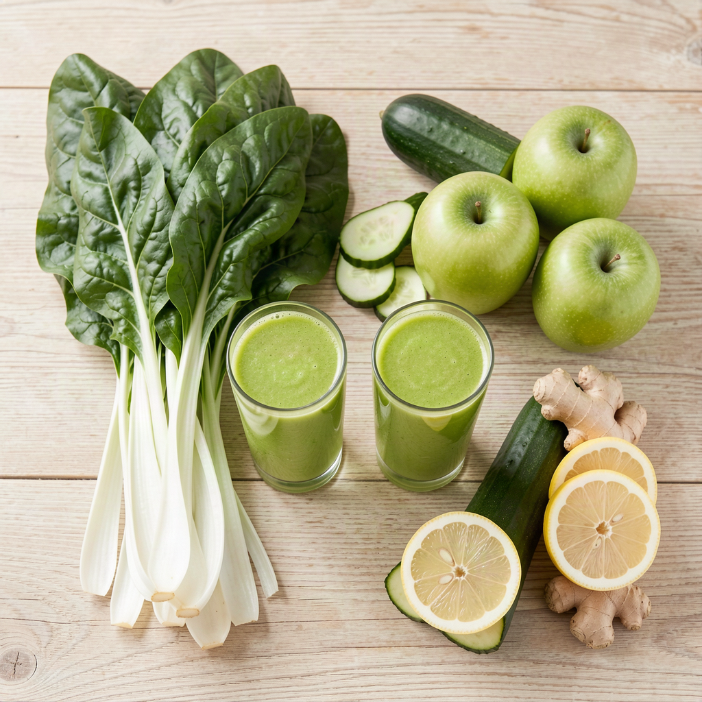 Swiss chard and apple juice in two glasses with fresh chard, green apples, cucumber, lemon and ginger