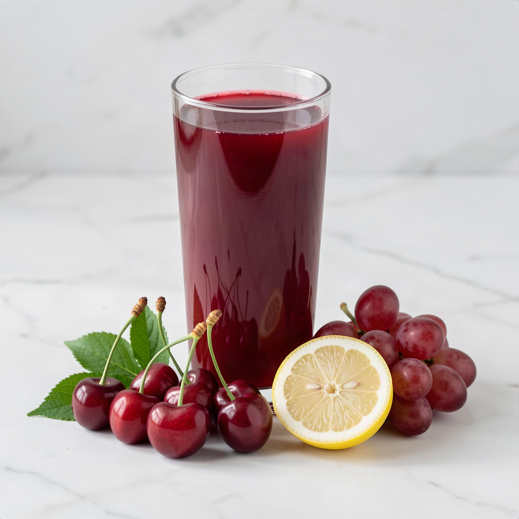 Glass of tart cherry and grape juice with fresh sour cherries, a bunch of red grapes and half a lemon