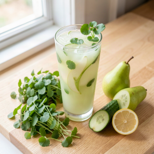 Glass of watercress pear and cucumber juice with fresh watercress, pear and cucumber