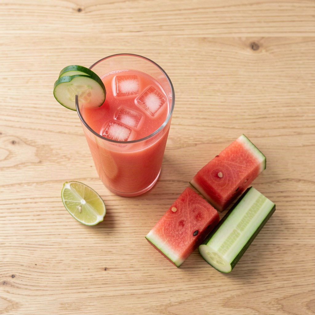 Glass of watermelon cucumber juice with ice, thin cucumber slices on the rim and a lime wedge