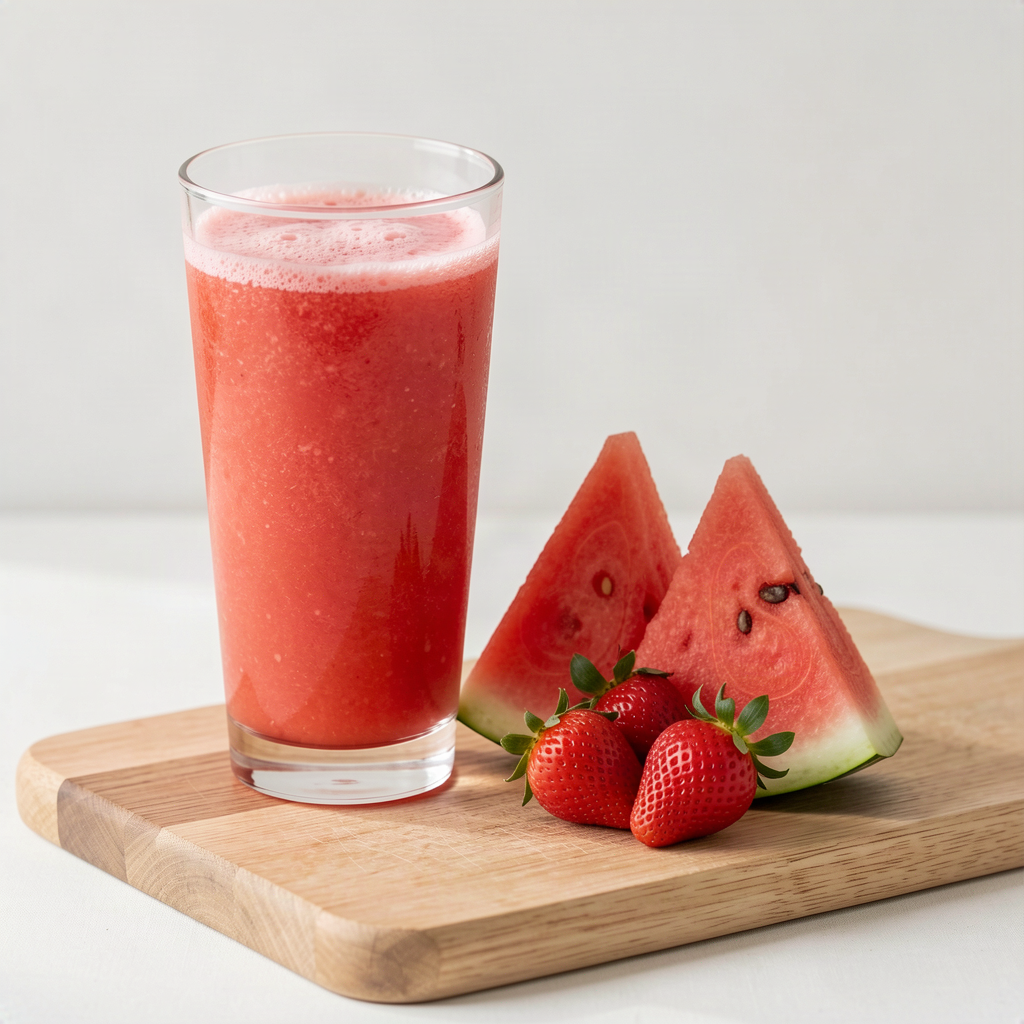Fresh watermelon and strawberry juice in a glass with watermelon wedges and strawberries