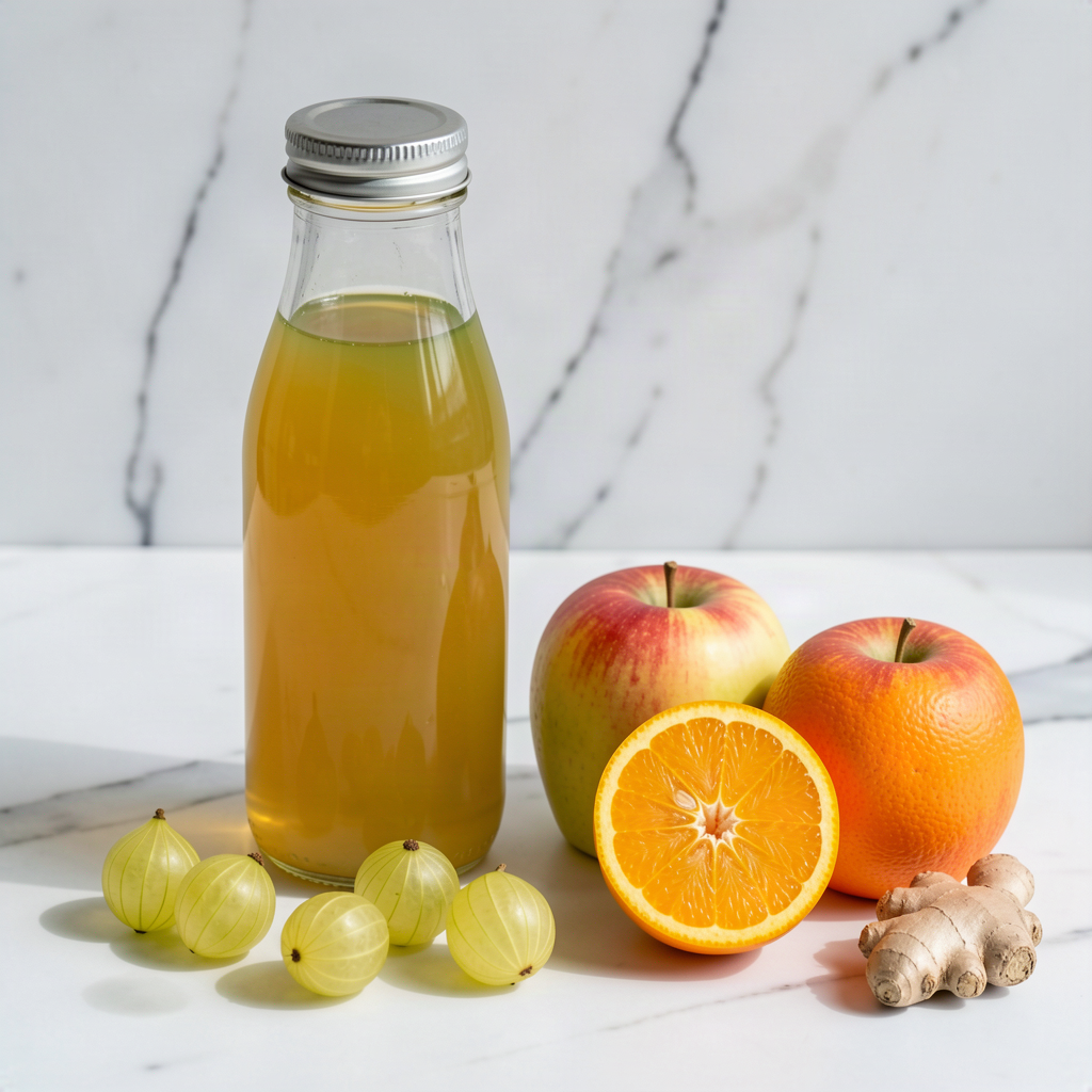 Sealed glass bottle of amla, apple and orange juice with fresh Indian gooseberries, red apples, an orange and ginger on white marble