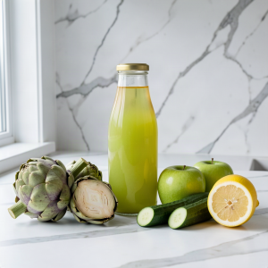 A sealed glass bottle of artichoke, apple and cucumber juice on a white marble worktop with two globe artichokes, one cut open to show the heart, two green apples, half a cucumber and an unwaxed lemon
