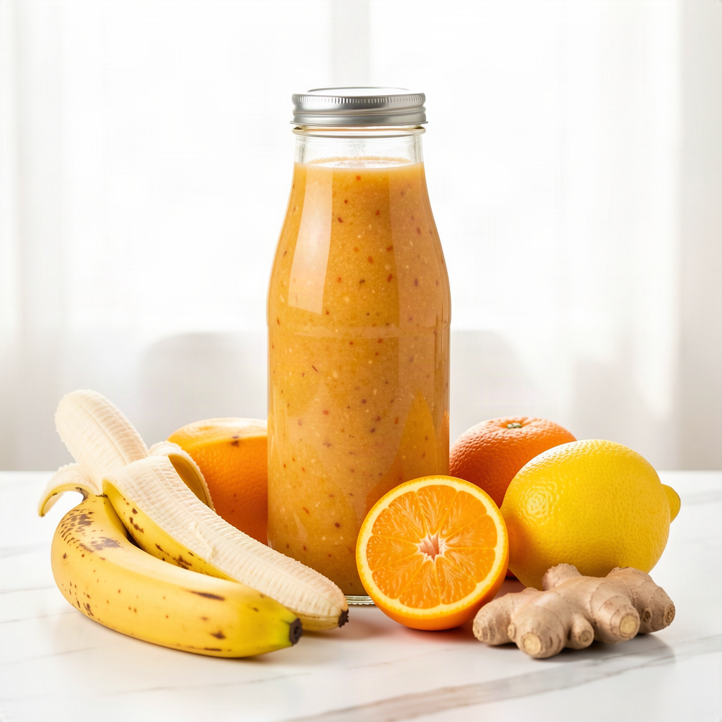 Blended banana, orange and ginger juice in a sealed glass bottle with ripe bananas, oranges, a lemon and fresh ginger on a marble surface