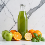 Bottle of fresh basil, orange and apple juice with green apples, whole oranges, a lemon half and a bunch of fresh basil leaves on a marble surface