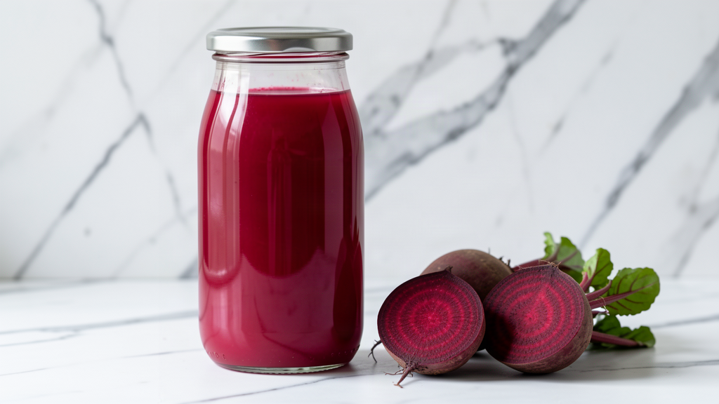 A sealed glass bottle of deep red beetroot juice on a marble surface with fresh raw beetroot and one beetroot cut in half beside it