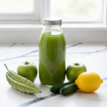 A sealed glass bottle of bitter gourd, apple and cucumber juice beside a whole knobbly pale green bitter gourd, two green apples, a cucumber and a lemon on a marble surface