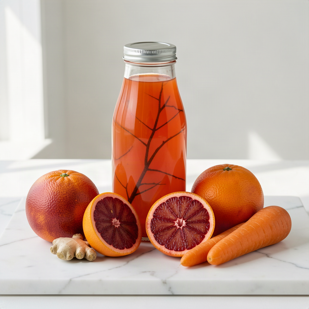A sealed glass bottle of clear blood orange, carrot and ginger juice on a white marble slab, with two blood oranges, one halved to show its deep red flesh, two bare carrots and a piece of fresh ginger
