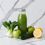 Sealed glass bottle of clear green bok choy, apple and cucumber juice with fresh bok choy, green apples, a cucumber and half a lemon on white marble