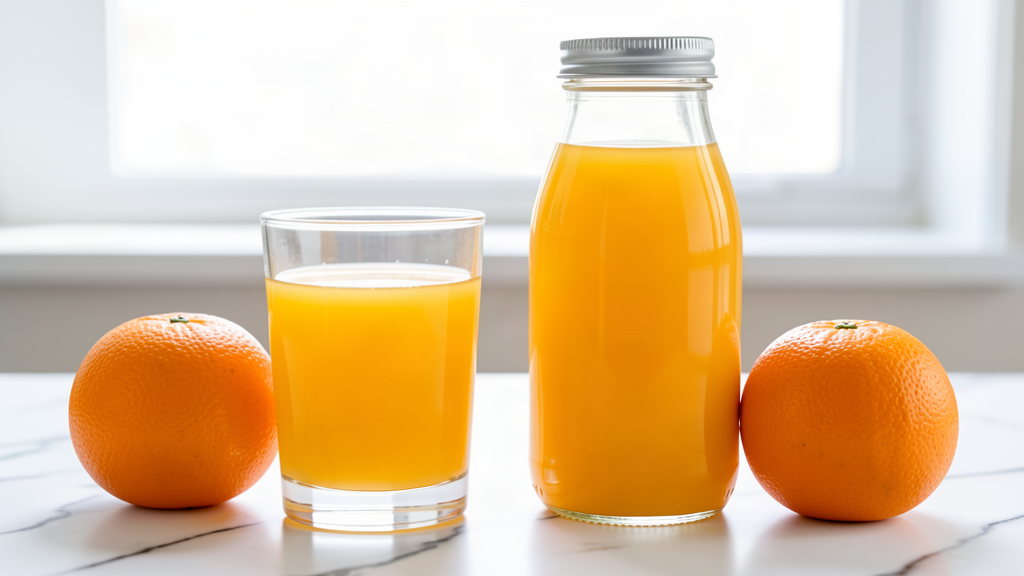A glass of fresh orange juice and a sealed bottle of bottled juice on a marble surface, with two whole oranges
