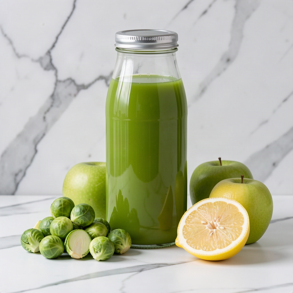 A sealed glass bottle of freshly pressed Brussels sprouts, apple and lemon juice on a white marble surface, with loose Brussels sprouts, two green apples and a halved lemon beside it
