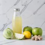 Sealed glass bottle of pale green cabbage juice beside a whole green cabbage, a cabbage wedge, two green apples, an unwaxed lemon and fresh ginger on a marble surface