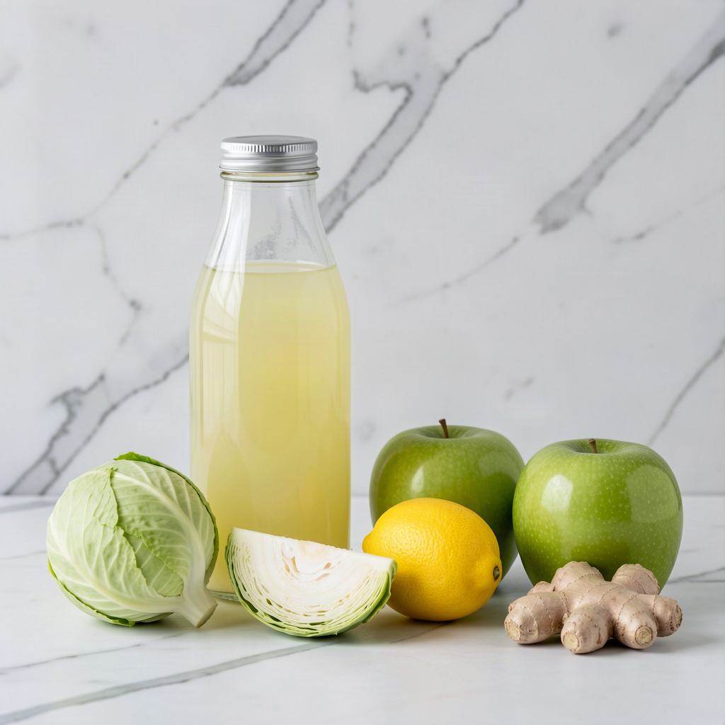 Sealed glass bottle of pale green cabbage juice beside a whole green cabbage, a cabbage wedge, two green apples, an unwaxed lemon and fresh ginger on a marble surface