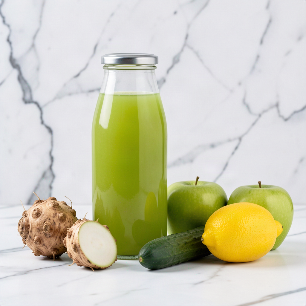 Celeriac, apple and cucumber juice in a sealed glass bottle with two knobbly celeriac roots, green apples, a cucumber and a lemon on a white marble surface