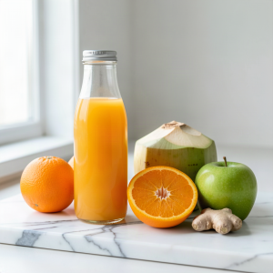 A sealed glass bottle of clear golden coconut water, orange, apple and ginger juice on a marble surface, with oranges, a green apple, a young green coconut and fresh ginger beside it