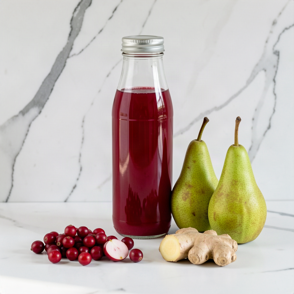 Cranberry, pear and ginger juice in a sealed clear glass bottle on a white marble counter, with a pile of fresh cranberries, two ripe green pears and a knobbly piece of root ginger arranged beside it