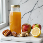 Sealed bottle of golden amber date, apple and ginger juice on a white marble surface, with three Medjool dates, two red apples, half an unwaxed lemon and a knob of fresh root ginger