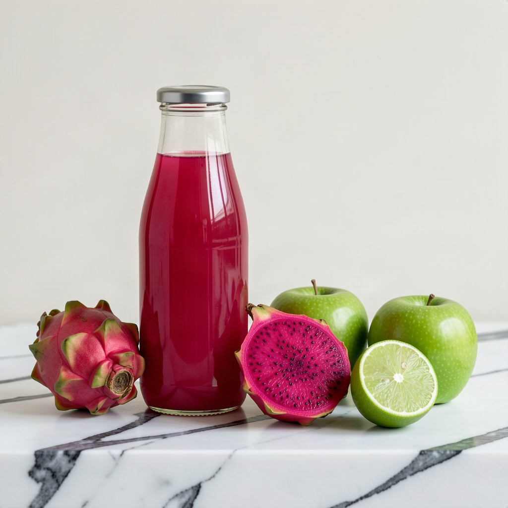 Fresh dragon fruit, apple and lime juice in a sealed glass bottle on a white marble surface, with two pink pitaya dragon fruit (one halved to show magenta flesh and black seeds), two green apples and half a lime beside it
