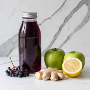Elderberry, apple and ginger juice in a sealed clear glass bottle on a white marble counter, with a flat cluster of fresh elderberries on their stems, two green apples, a piece of root ginger and half a lemon arranged beside it